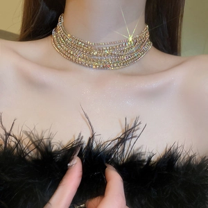 Close-up of sparkling multi-layer rhinestone choker necklace on model's neck