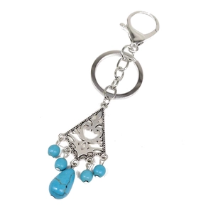 Bohemian turquoise keychain with silver hollow heart pendant and beads for bags and cars