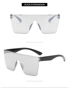 Flat top oversized shield sunglasses with grey lenses and thick black temples detail