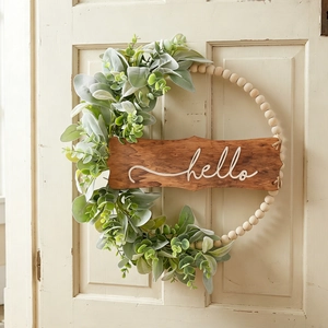 Couronne De Porte Eucalyptus Artificiel Avec Perles En Bois Et Panneau Hello Décoration Murale De Ferme Pour Porte