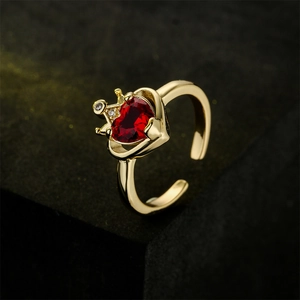 Gold crown heart ring with red zircon stone and adjustable open band design