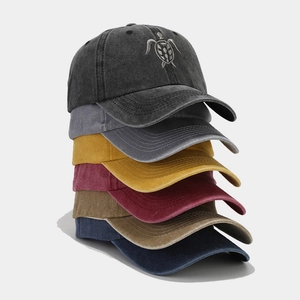 Vintage washed cotton baseball caps in six colors with turtle embroidery for outdoor