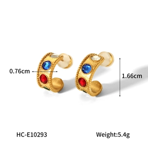 Detail view of 18K gold-plated C-shaped earrings with colorful zircon stones and dimensions