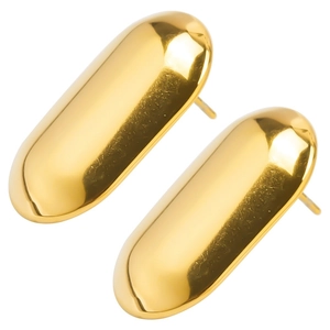 Detailed view of glossy gold capsule-shaped 304 stainless steel stud earrings on white back