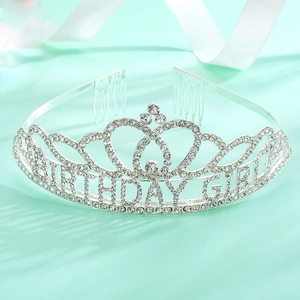 Sparkling silver birthday girl crown tiara with rhinestones on a mint green background