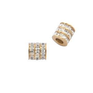 Golden cylindrical spacers with three rows of sparkling crystal rhinestones for DIY jewelry