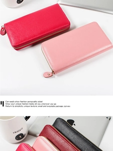 Detailed view of lychee leather long wallets with premium metal zippers in various colors