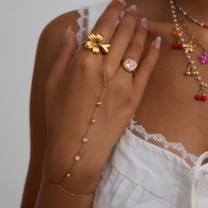 Hand Chain Stainless Steel 18K Gold Plated Zircon Integrated Ring Bracelet For Women Elegant Jewelry