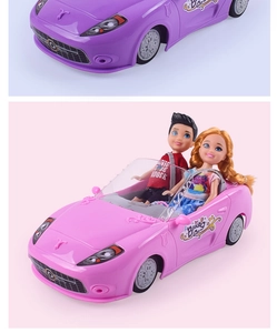 Detail view of pink and purple toy convertible cars with two doll figures and car decals