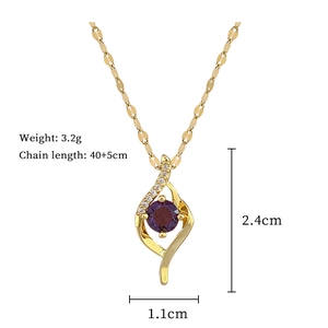 Detailed specs of gold necklace with purple gemstone pendant and dimensions