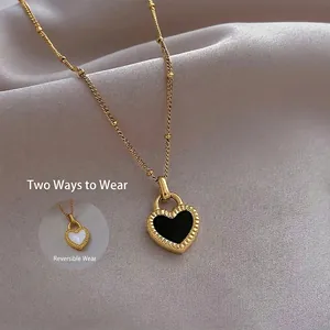 Double Sided Heart Lock Pendant Necklace Titanium Steel 18K Gold Plated Mother Of Artificial Pearl Enamel Beaded Chain Women Jewelry
