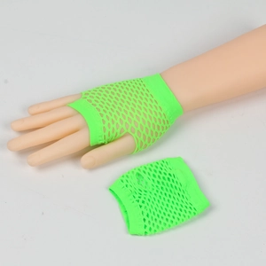 Detail of neon green fishnet fingerless gloves showing elastic mesh texture on a hand model
