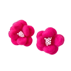Fuzzy rose red resin flower stud earrings with soft wool texture and white bead center