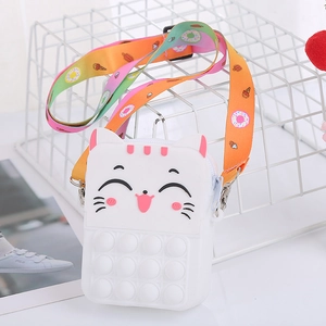 Detail of white silicone cat purse with pop-it bubbles and rainbow shoulder strap