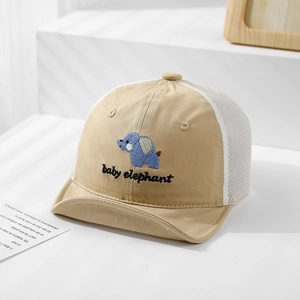 Detail of baby sun hat featuring elephant embroidery and breathable mesh panels