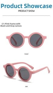 Front and side view of pink soft silicone sunglasses with polarized grey lenses