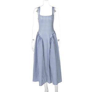 Detailed view of the blue and white plaid pattern on the sleeveless midi dress