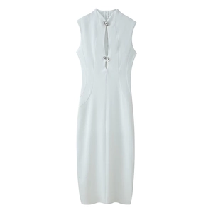 White sleeveless slim fit midi dress with front cutout and decorative silver buckles