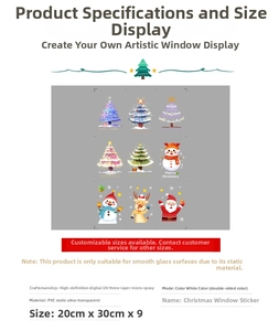 Detailed specs for 9-piece PVC Christmas window decals with UV printing and static cling