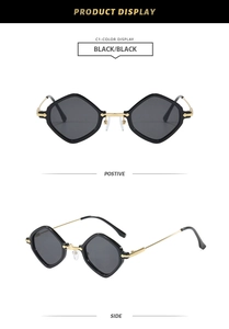Detail view of rhombic sunglasses with gold metal temples and adjustable nose pads