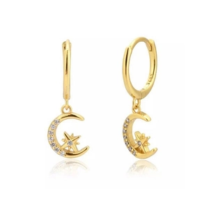 S925 sterling silver gold hoop earrings with sparkling zircon moon and star charms