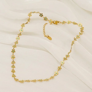 Collana A Fiori Acciaio Inossidabile Placcato Oro 18K Smalto Blu Turchese Catena Da Clavicola Floreale Per Donna Gioielli