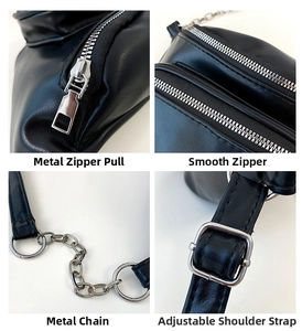 Detail view of silver hardware components including zippers and chain link for leather bag