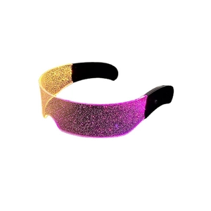 Futuristic LED cyberpunk glasses with gold to purple gradient glitter lenses for parties