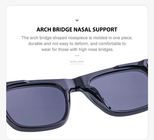 Detail view of the comfortable integrated nose pads on black square frame sunglasses