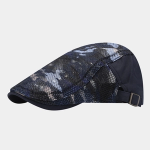 Deep blue camo mesh newsboy cap with short brim and breathable outdoor design