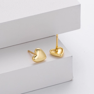 Minimalist 925 sterling silver heart stud earrings with polished gold mirror finish