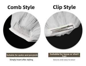 Close-up of white bridal veil showing metal hair comb and alligator clip options
