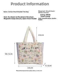 Detail view of canvas tote bag dimensions and structure with cartoon bunny pattern