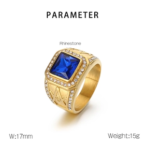 Detail view of gold Masonic signet ring with square blue gemstone and side engravings