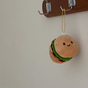 Cute hamburger plush keychain with smiling face embroidery and golden bead chain