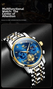 Macro shot of OLEVS men's watch with blue sunray dial and gold stainless steel band