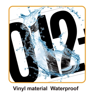 Close-up of waterproof vinyl numbered stickers with dynamic water splashes on black digits