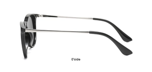 Detail view of oval black frame sunglasses with slim silver metal temples and ear tips