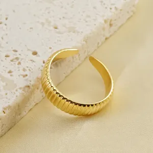 Fashion Ribbed Textured Open Ring 18K Gold Plated Stainless Steel Adjustable Minimalist Jewelry For Women