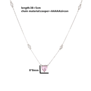 Pink heart-shaped pendant necklace with 5A cubic zirconia and 38+5cm silver chain