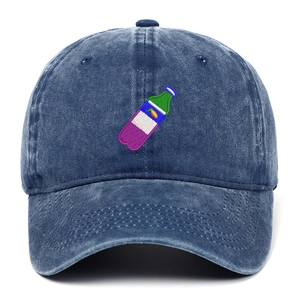 Vintage washed navy denim baseball cap featuring colorful bottle embroidery and six panels