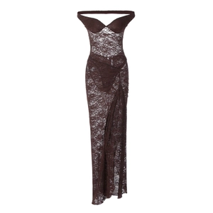 Detail of sheer chocolate brown lace maxi dress with intricate floral embroidery