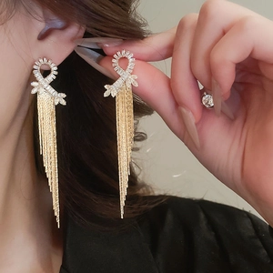 Luxurious gold plated long tassel earrings with sparkling rhinestones for women
