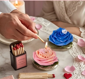 Detailed view of 3D rose flower candle with realistic petal texture and leaf base detail