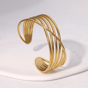 Stainless Steel Open Bangle For Women Minimalist Geometric Cross Lines Hollow Wide Cuff Bracelet