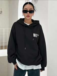 Vintage black street style oversized hoodie with white graphic print for men and women