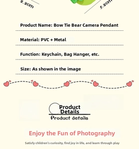 Detail showing PVC bear camera keychain with dimensions of 2.2cm by 5.2cm for bags