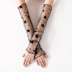 Close-up of black mesh arm sleeves featuring a delicate star pattern for sun protection