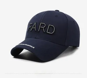 Detail view of the high-quality 3D embroidery FARD on a dark blue cotton baseball cap