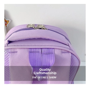 Detail view of reinforced purple handle and durable metal zippers on the cartoon backpack
